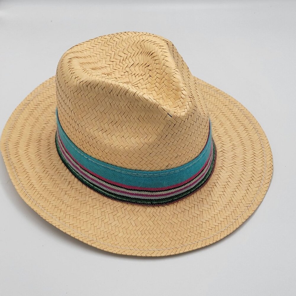 Natural Straw Fedora Hat with Multicolor Woven Band & Teal Accent